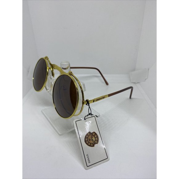 Vintage Retro Flip-up Steampunk Sunglasses Gold Frame Brown Lens Classic Round - Picture 3 of 7